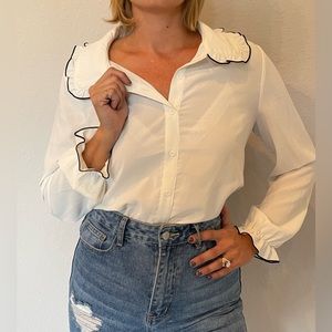 Womens Ruffled Collar, White Blouse, Size M